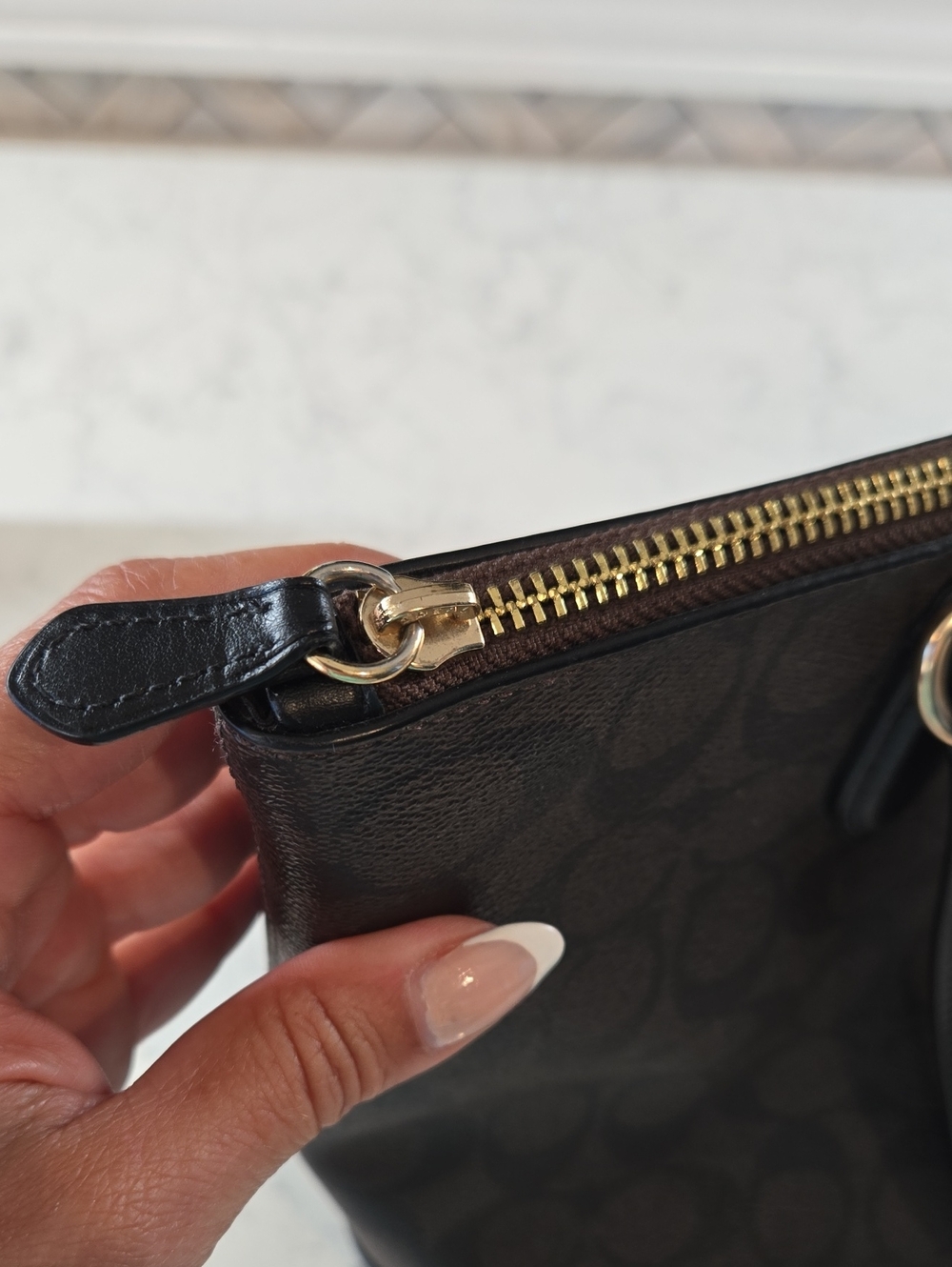 Coach Dark Brown Signature Tote with Black Trim and Gold Hardware 14x10x5 - Picture 6 of 8